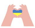 Hand gesture making heart symbol. Inside is yellow-blue heart. Colors of Ukrainian flag. English I love Ukraine. Vector illustrati Royalty Free Stock Photo